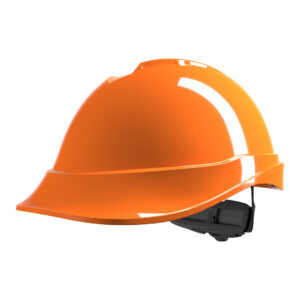 MSA V-Gard 200, non-vented, Orange, Fas-Trac III ratchet, sewn PVC s/b