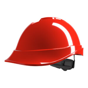 MSA V-Gard 200, non-vented, Red, Fas-Trac III ratchet, sewn PVC s/b