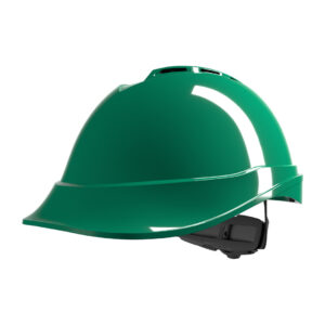 MSA V-Gard 200, vented, Green, Fas-Trac III ratchet, sewn PVC s/b