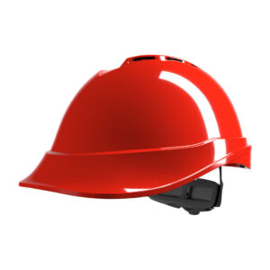 MSA V-Gard 200, vented, Red, Fas-Trac III ratchet, sewn PVC s/b