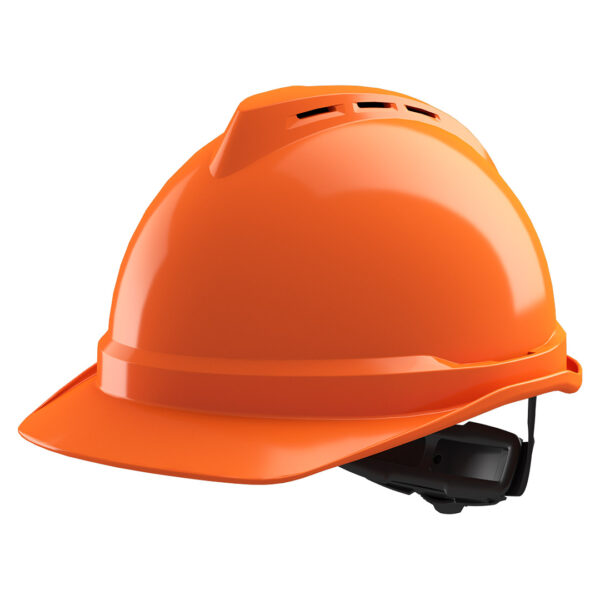 MSA V-Gard 500, vented, Orange, Push-Key slide adj, sewn PVC s/b
