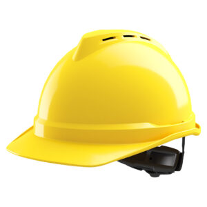 MSA V-Gard 500, vented, Yellow, Fas-Trac III ratchet, sewn PVC s/b